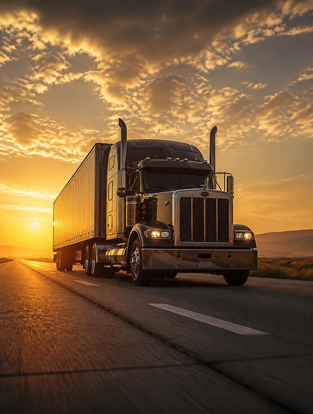 Semi-truck driving down an open highway at sunrise